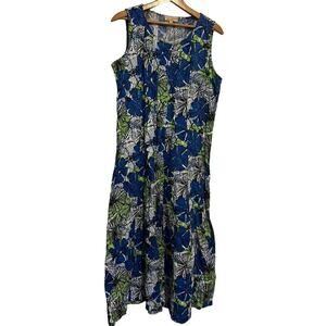 Choices Blue Green Floral Print Linen A-line Dress Sleeveless M